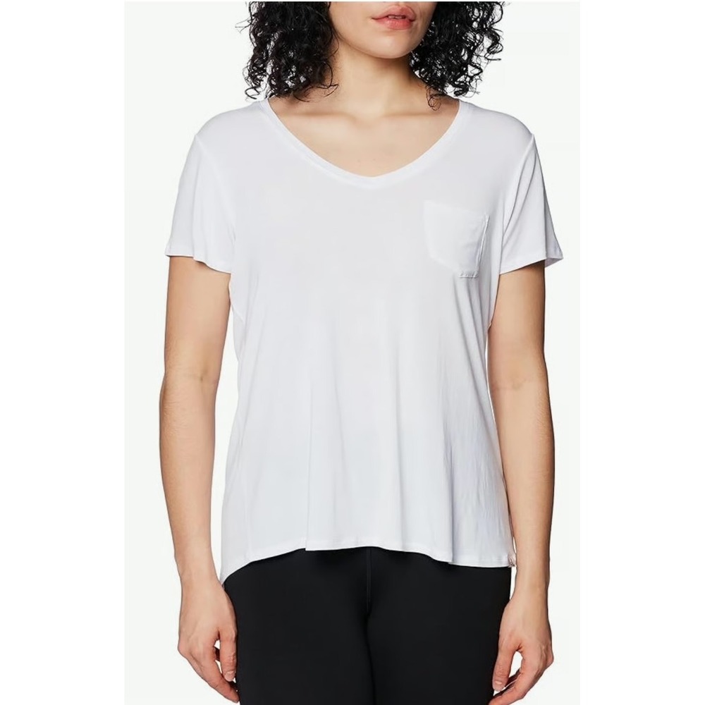 Prana V-Neck Pocket T-Shirt Womens Large White Modal Blend High Low Hem